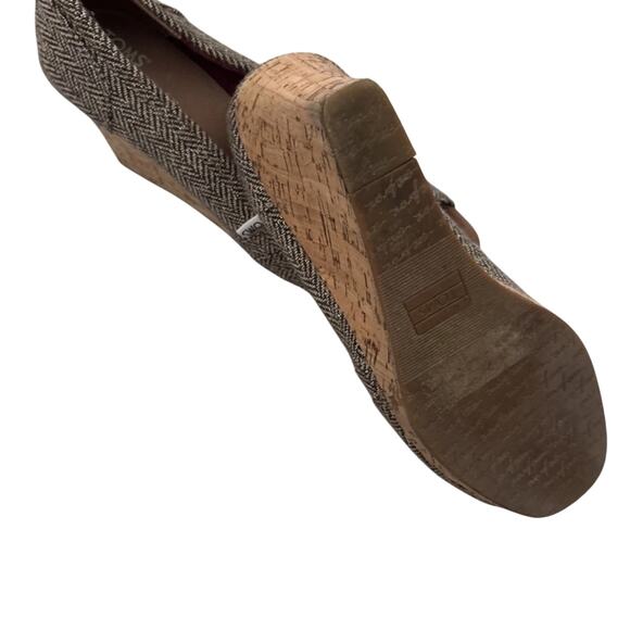 TOMS Stella Calypso Brown Metallic Herringbone Tweed Peep Toe Cork Wedge - Picture 4 of 4